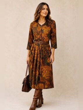 Vintage Scarlett Autumn Floral Midi Dress ILGWU Union Made USA Pleated Small